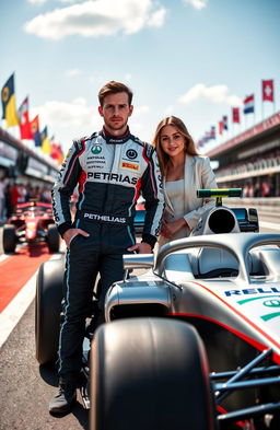 A high-octane Formula 1 scene featuring George Russell, the skilled British racing driver, and Hailee Steinfeld, the talented actress and singer