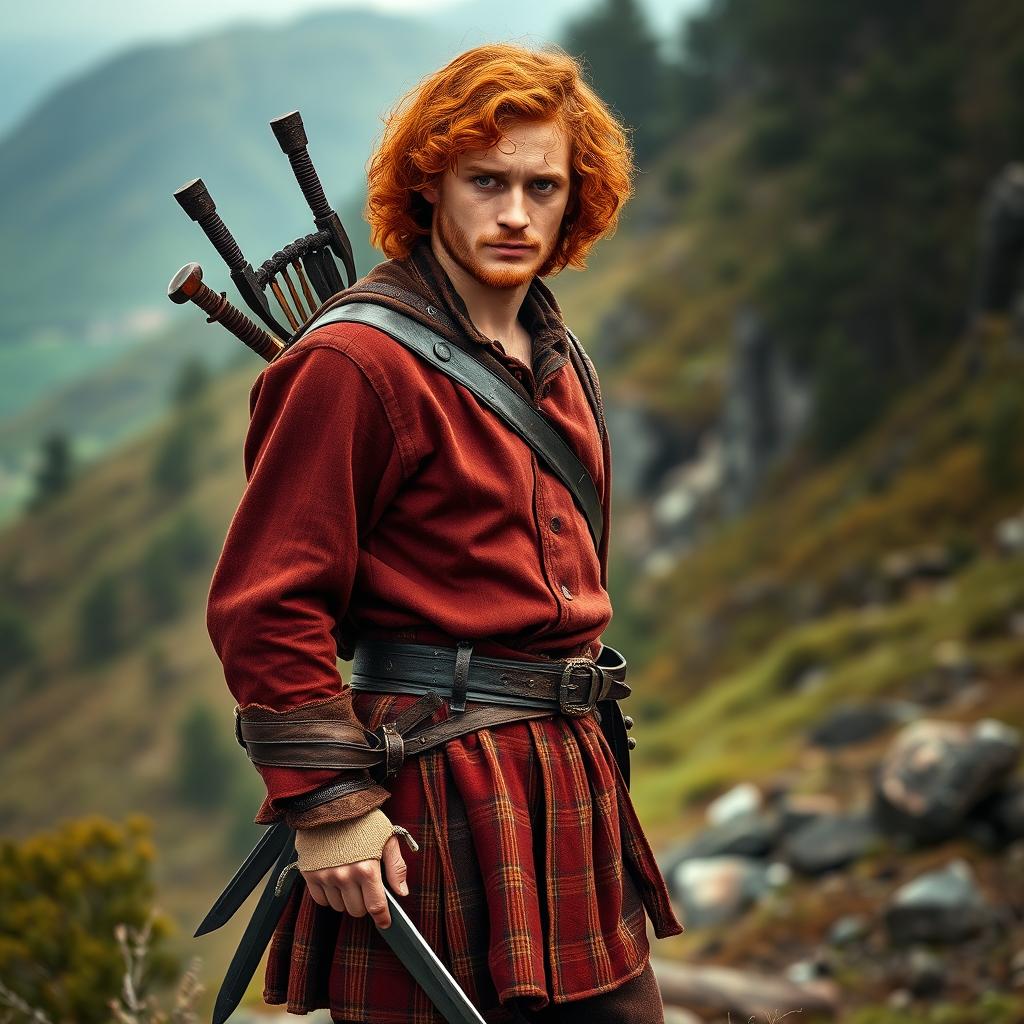 A full-body image of an adventurous and handsome red-haired man with curly hair, resembling Jamie Fraser from the series Outlander