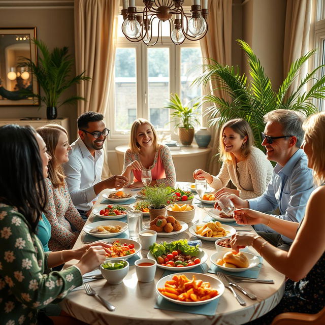 A group of diverse people enjoying lunch around a beautifully designed table