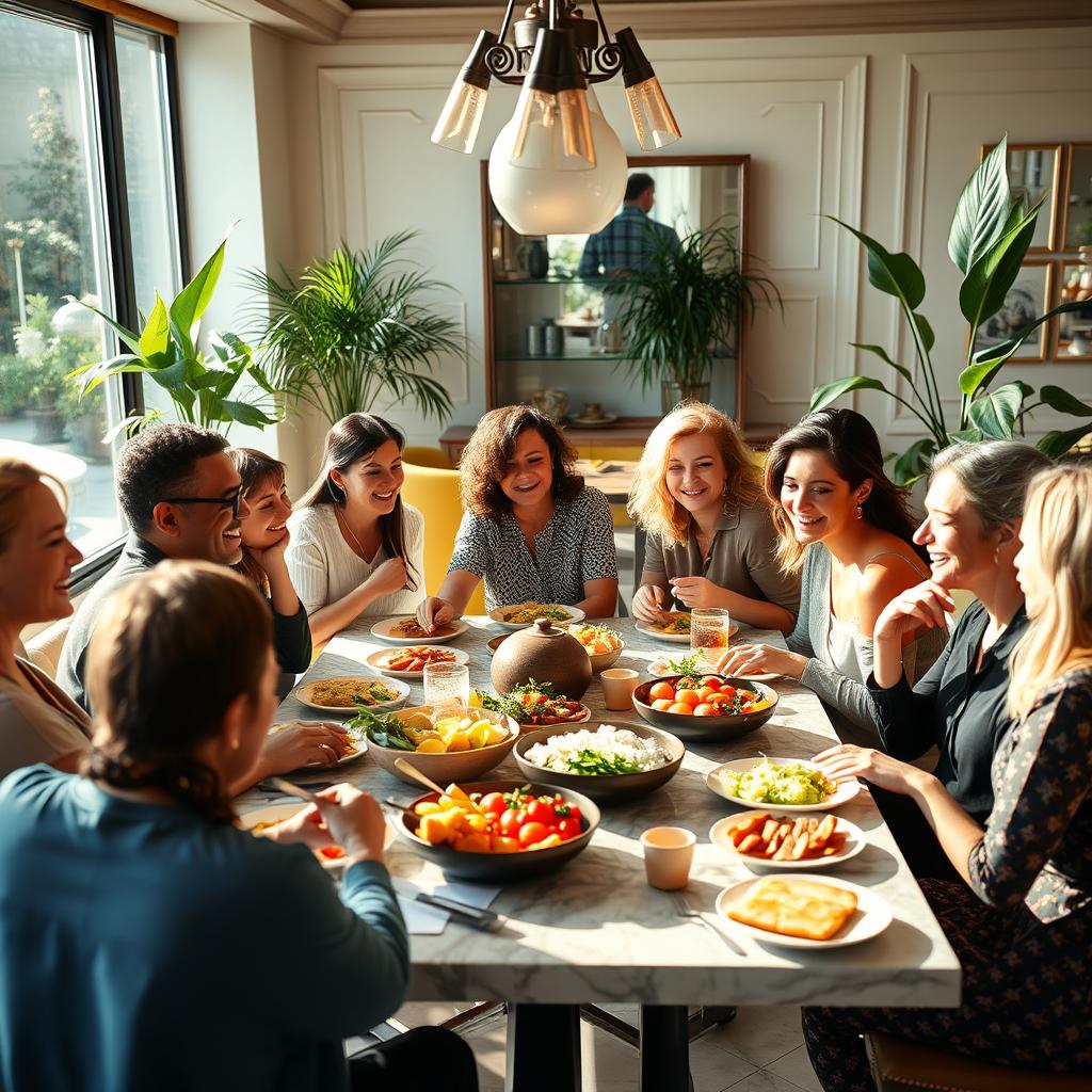 A group of diverse people enjoying lunch around a beautifully designed table