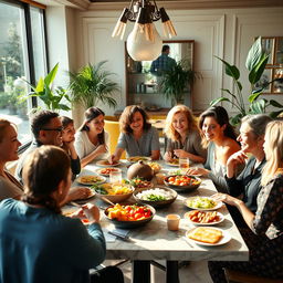 A group of diverse people enjoying lunch around a beautifully designed table
