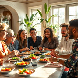 A group of diverse people enjoying lunch around a beautifully designed table