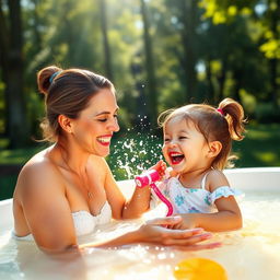 A serene scene of a mother and her daughter enjoying a joyful and playful bathing experience in a beautiful outdoor setting