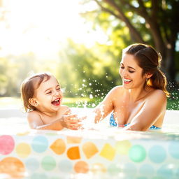 A serene scene of a mother and her daughter enjoying a joyful and playful bathing experience in a beautiful outdoor setting