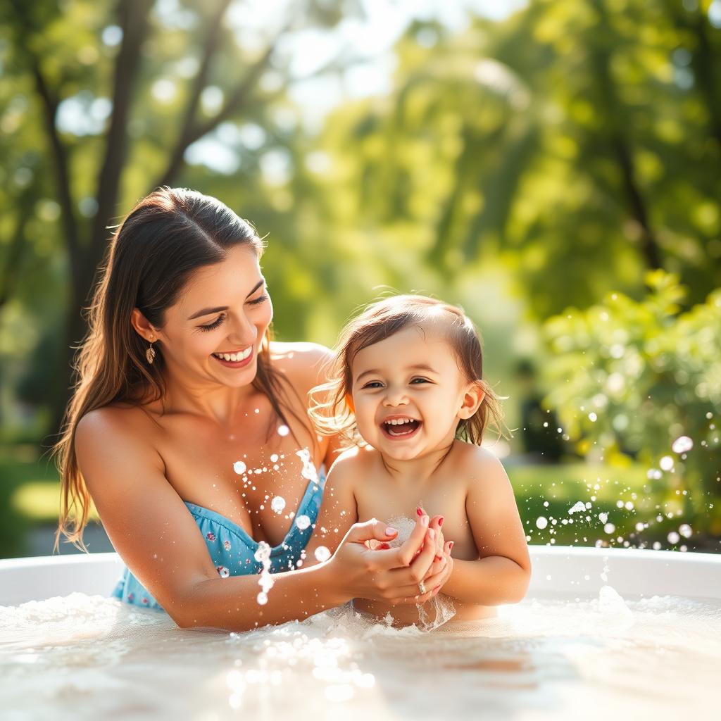 A serene scene of a mother and her daughter enjoying a joyful and playful bathing experience in a beautiful outdoor setting