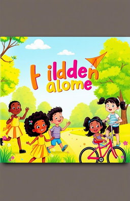 A colorful, cheerful children's album cover featuring an illustration of diverse children playing together in a vibrant park during a sunny day