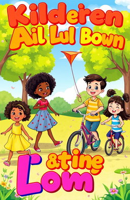 A colorful, cheerful children's album cover featuring an illustration of diverse children playing together in a vibrant park during a sunny day