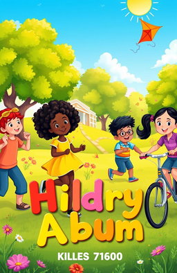 A colorful, cheerful children's album cover featuring an illustration of diverse children playing together in a vibrant park during a sunny day