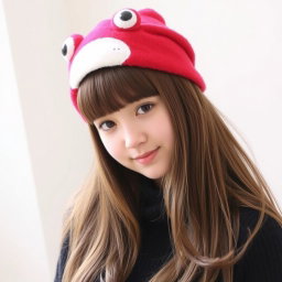 A young woman with long brown hair and bangs, wearing a stylish black sweater