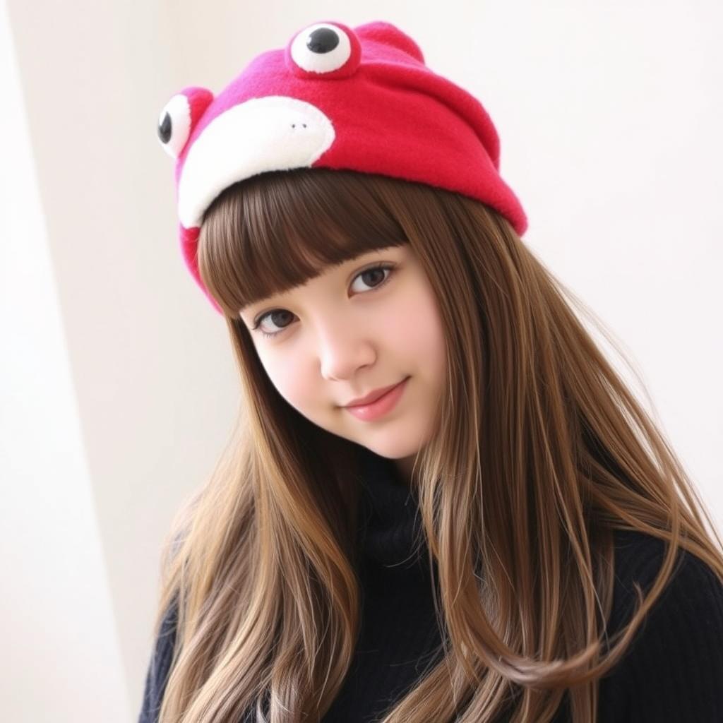 A young woman with long brown hair and bangs, wearing a stylish black sweater