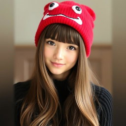 A young woman with long brown hair and bangs, wearing a stylish black sweater