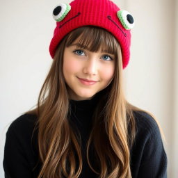 A young woman with long brown hair and bangs, wearing a stylish black sweater