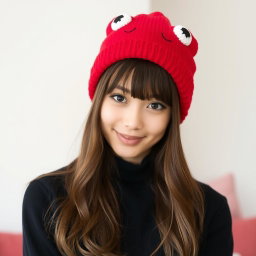 A young woman with long brown hair and bangs, wearing a stylish black sweater
