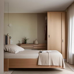 A cozy and inviting bedroom filled with stylish and modern furniture. Includes a comfortable bed, elegant bedside tables, a desk and chair with minimalist design, and a spacious wooden wardrobe.