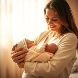 A serene and warm scene depicting a mother holding her newborn in a gentle embrace, the atmosphere filled with love and tenderness