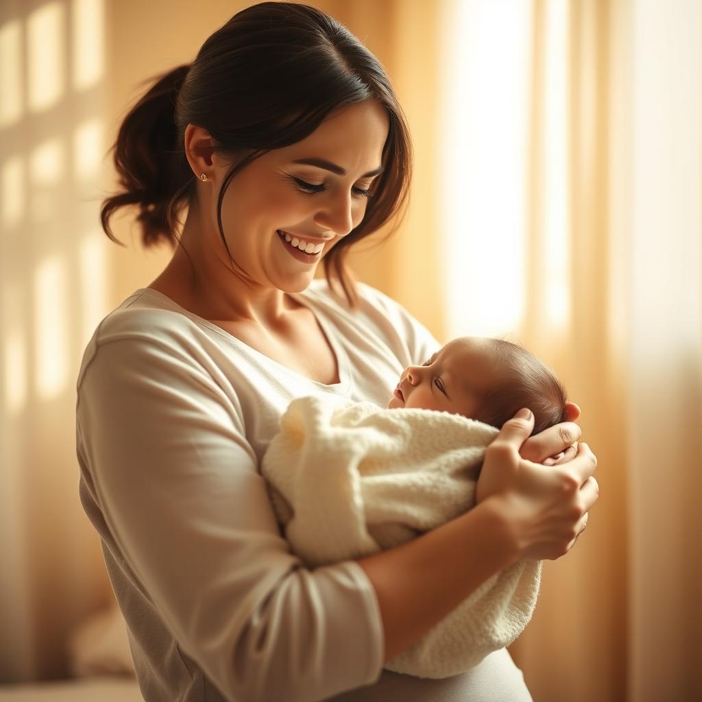 A serene and warm scene depicting a mother holding her newborn in a gentle embrace, the atmosphere filled with love and tenderness