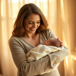 A serene and warm scene depicting a mother holding her newborn in a gentle embrace, the atmosphere filled with love and tenderness