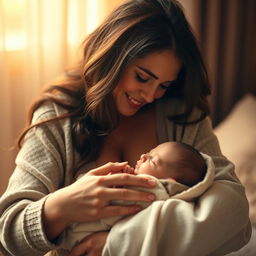 A serene and warm scene depicting a mother holding her newborn in a gentle embrace, the atmosphere filled with love and tenderness