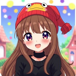 An anime-style illustration featuring a girl with long brown hair and bangs, wearing a stylish black sweater