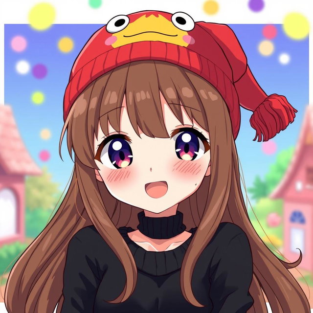 An anime-style illustration featuring a girl with long brown hair and bangs, wearing a stylish black sweater