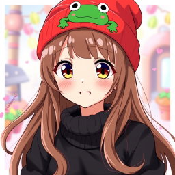 An anime-style illustration featuring a girl with long brown hair and bangs, wearing a stylish black sweater