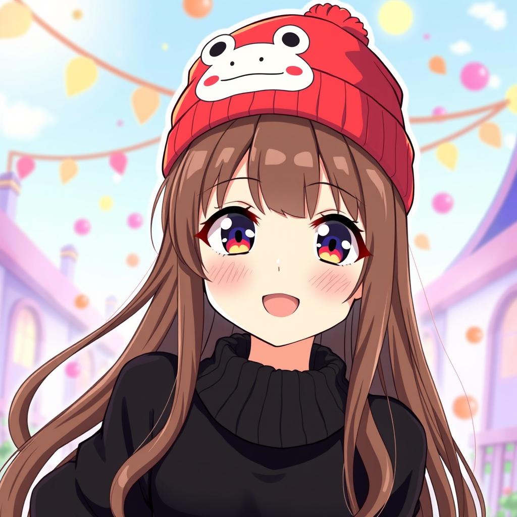 An anime-style illustration featuring a girl with long brown hair and bangs, wearing a stylish black sweater
