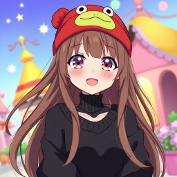 An anime-style illustration featuring a girl with long brown hair and bangs, wearing a stylish black sweater