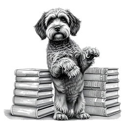 A Lagotto Romagnolo dog standing on its hind legs, leaning against a stack of books, with its face looking directly at the viewer