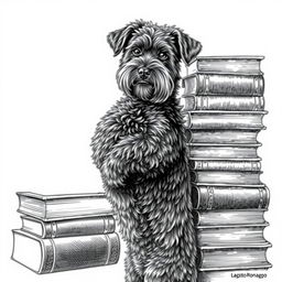 A Lagotto Romagnolo dog standing on its hind legs, leaning against a stack of books, with its face looking directly at the viewer
