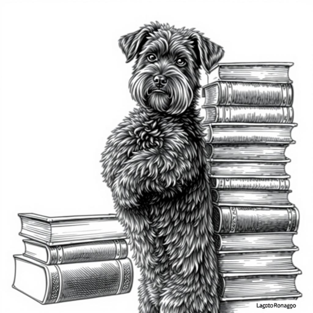 A Lagotto Romagnolo dog standing on its hind legs, leaning against a stack of books, with its face looking directly at the viewer