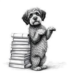 A Lagotto Romagnolo dog standing on its hind legs, leaning against a stack of books, with its face looking directly at the viewer