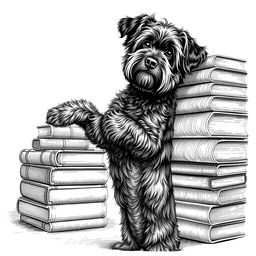 A Lagotto Romagnolo dog standing on its hind legs, leaning against a stack of books, with its face looking directly at the viewer