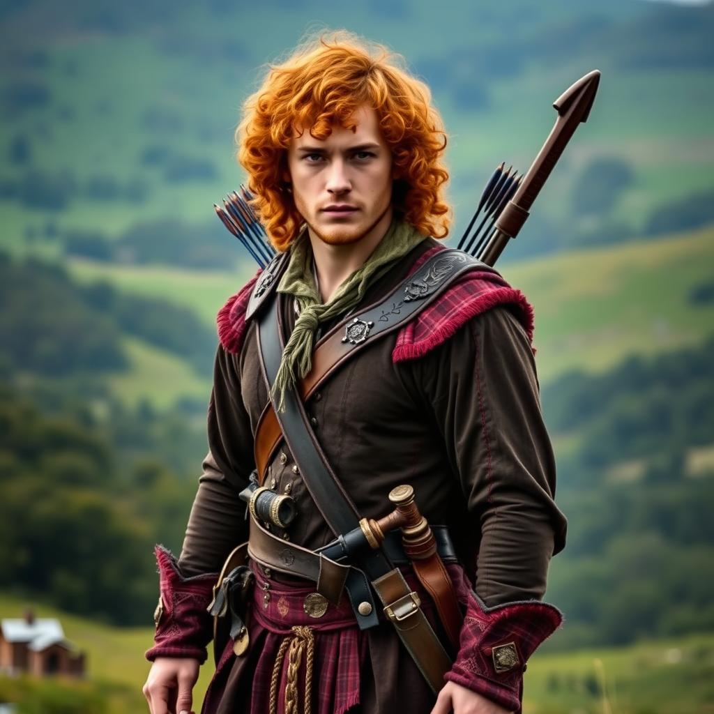 A full-body image of an adventurous and handsome red-haired man with curly hair, resembling Jamie Fraser from the series Outlander