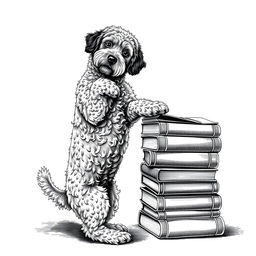 A Lagotto Romagnolo dog standing on its hind legs, resting its front legs on a stack of books, looking directly at the viewer with a playful expression