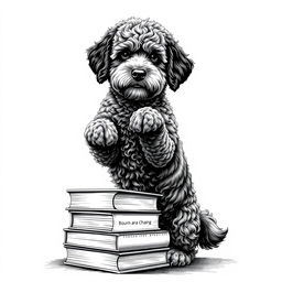 A Lagotto Romagnolo dog standing on its hind legs, resting its front legs on a stack of books, looking directly at the viewer with a playful expression