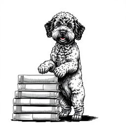 A Lagotto Romagnolo dog standing on its hind legs, resting its front legs on a stack of books, looking directly at the viewer with a playful expression