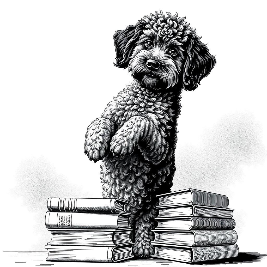 A Lagotto Romagnolo dog standing on its hind legs, resting its front legs on a stack of books, looking directly at the viewer with a playful expression