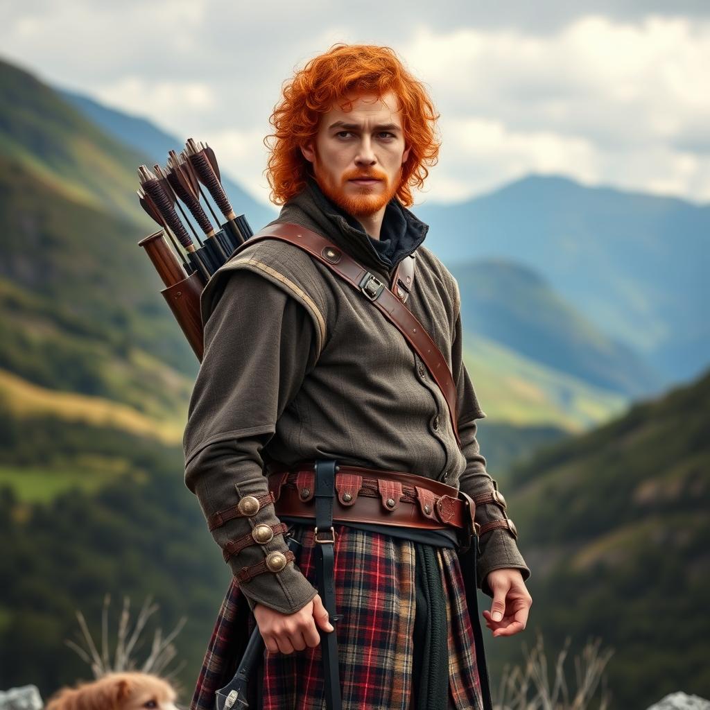 A full-body image of an adventurous and handsome red-haired man with curly hair, reminiscent of Jamie Fraser from the series Outlander