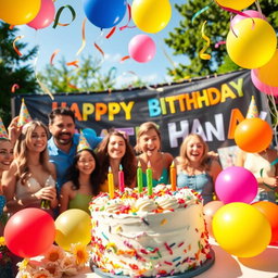 A vibrant and festive birthday celebration, featuring a beautifully decorated birthday cake with colorful frosting, balloons in various sizes dancing in the air, and cheerful party hats everywhere