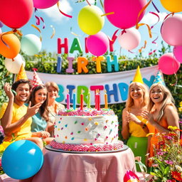 A vibrant and festive birthday celebration, featuring a beautifully decorated birthday cake with colorful frosting, balloons in various sizes dancing in the air, and cheerful party hats everywhere