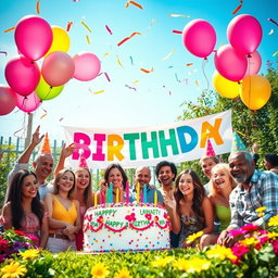 A vibrant and festive birthday celebration, featuring a beautifully decorated birthday cake with colorful frosting, balloons in various sizes dancing in the air, and cheerful party hats everywhere