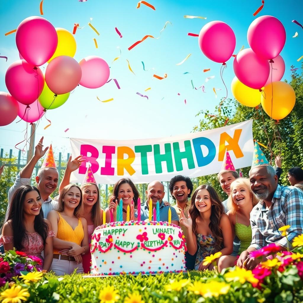 A vibrant and festive birthday celebration, featuring a beautifully decorated birthday cake with colorful frosting, balloons in various sizes dancing in the air, and cheerful party hats everywhere
