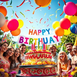 A vibrant and festive birthday celebration, featuring a beautifully decorated birthday cake with colorful frosting, balloons in various sizes dancing in the air, and cheerful party hats everywhere