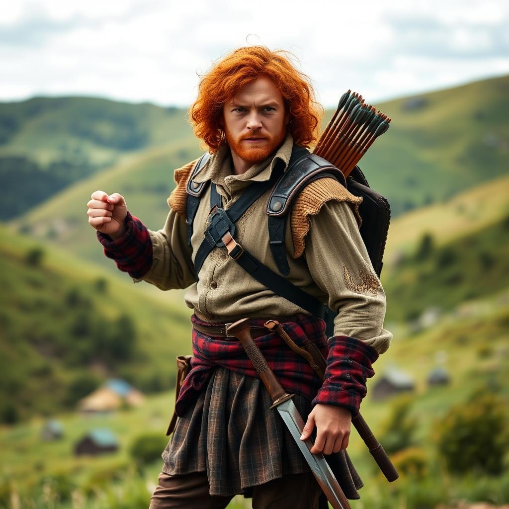 A full-body image of an adventurous and handsome red-haired man with curly hair, resembling Jamie Fraser from the series Outlander