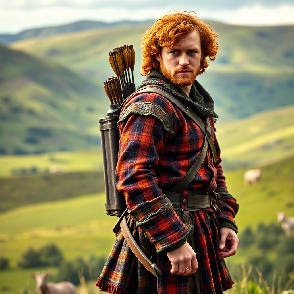 A full-body image of an adventurous and handsome red-haired man with curly hair, closely resembling Jamie Fraser from the series Outlander