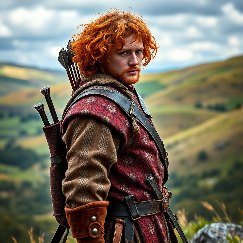 A full-body image of a handsome red-haired man with curly hair, embodying the spirit of an adventurous hunter
