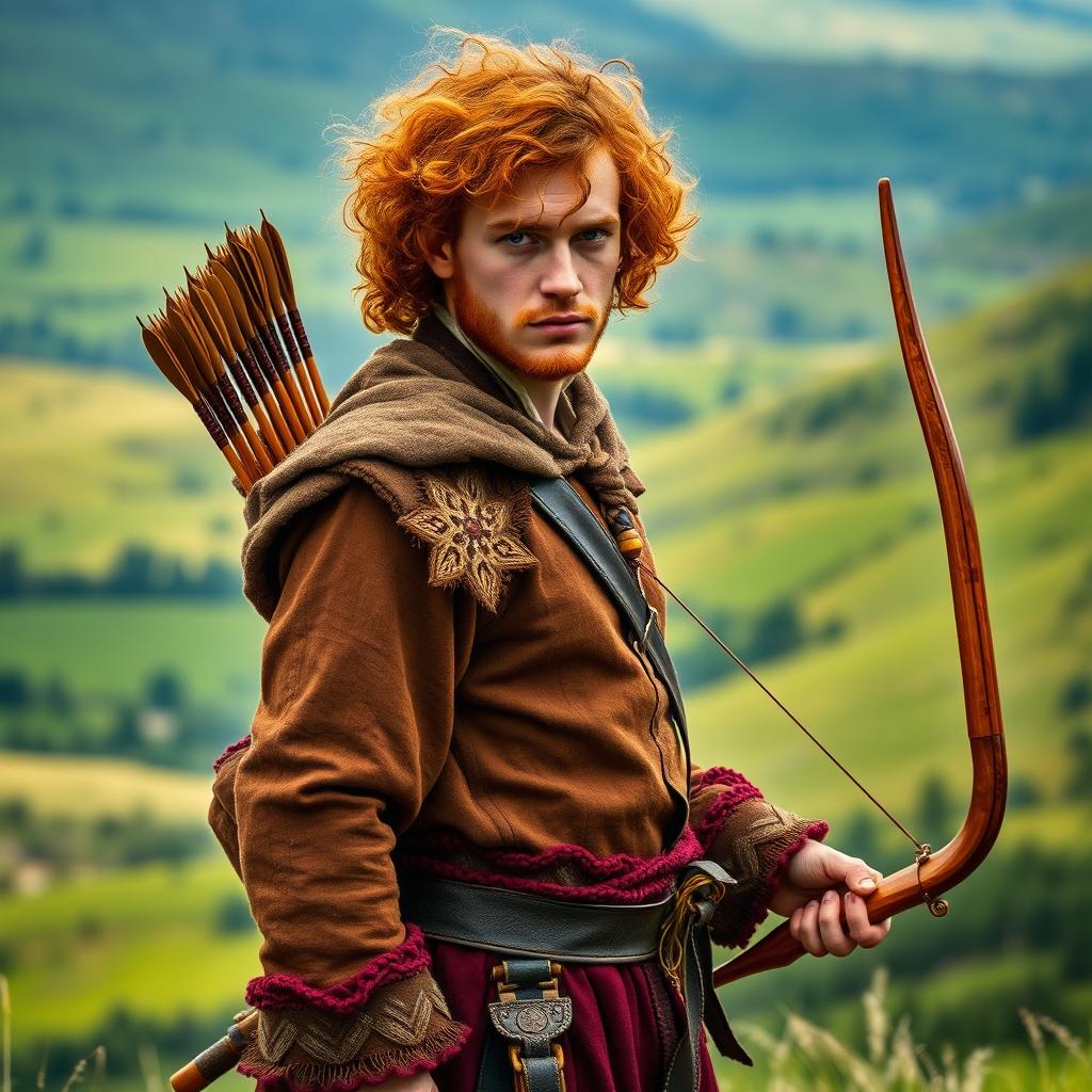 A full-body image of an adventurous and handsome red-haired man with curly hair, resembling Jamie Fraser from the series Outlander
