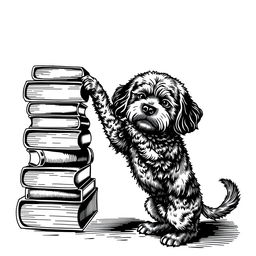 A Lagotto Romagnolo dog standing on its hind legs on the ground, leaning its front legs on the upper part of a stack of books positioned on the left side of the image