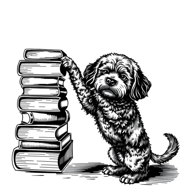 A Lagotto Romagnolo dog standing on its hind legs on the ground, leaning its front legs on the upper part of a stack of books positioned on the left side of the image