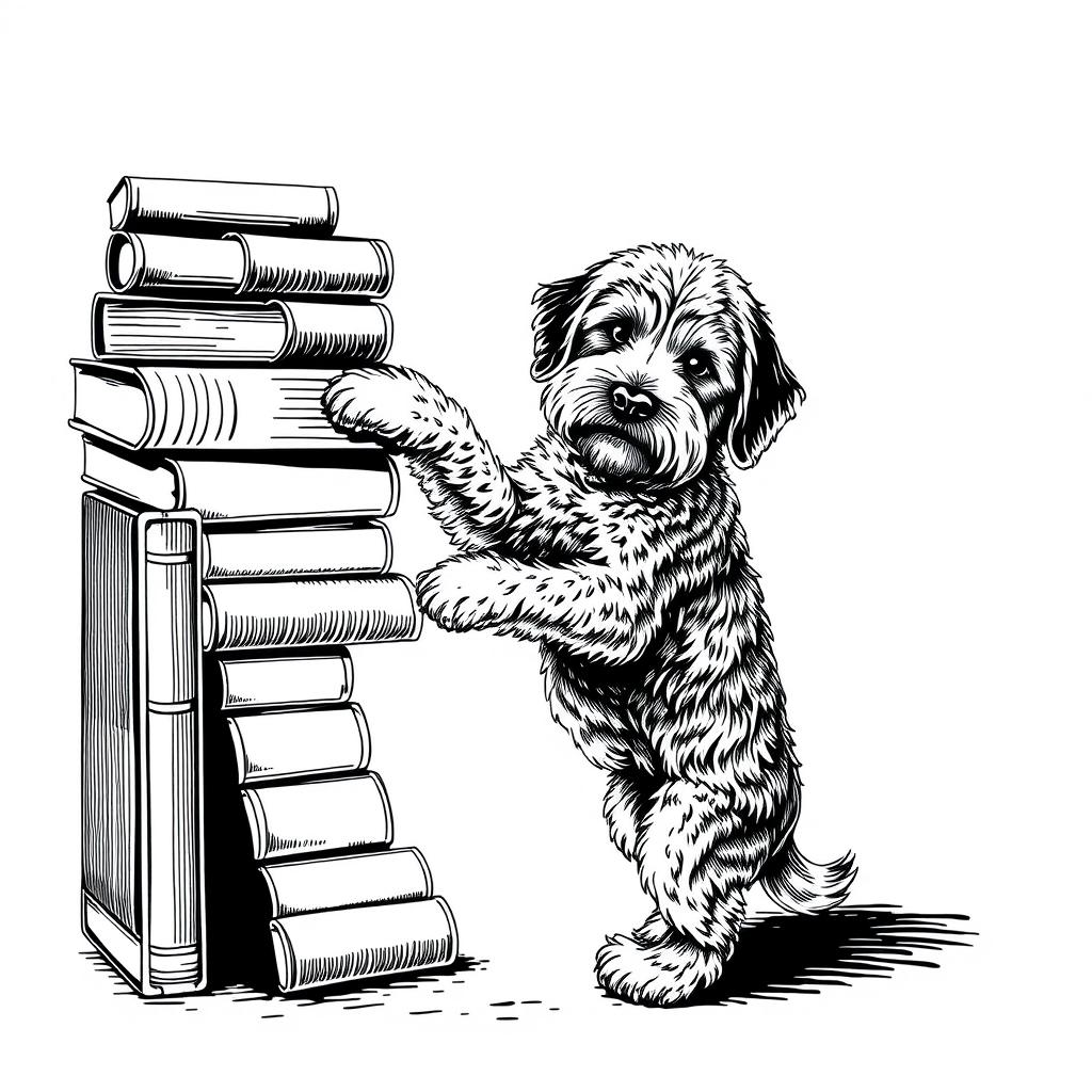 A Lagotto Romagnolo dog standing on its hind legs on the ground, leaning its front legs on the upper part of a stack of books positioned on the left side of the image